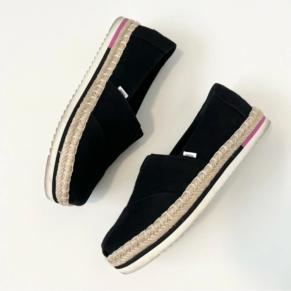 Toms Black Espadrille Platform Slip-Ons with Natural Jute Trim